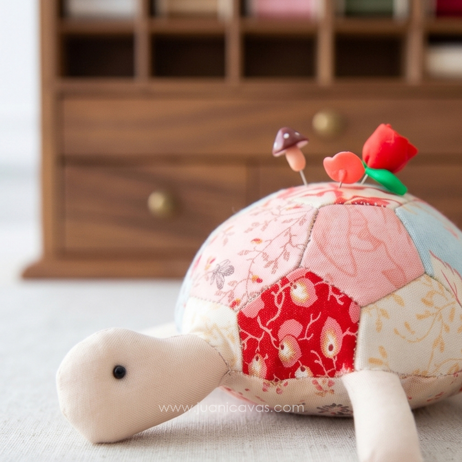 Detalle de la tortuga alfiletero cosida a mano con patchwork inglés