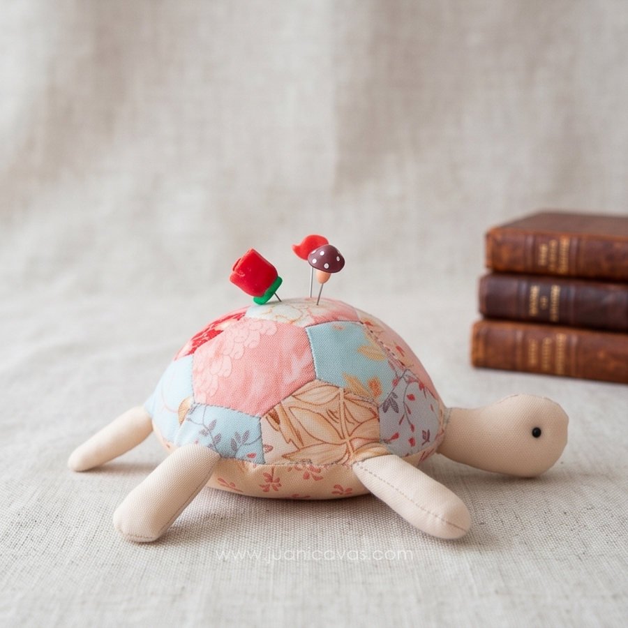 Tortuga alfiletero sobre lino con libros antiguos de fondo