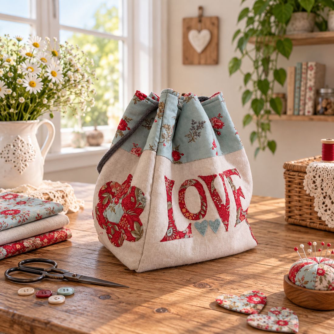 Bolsa de labores Colmena de patchwork en lino con letras LOVE, plato de Dresde y panal de hexágonos