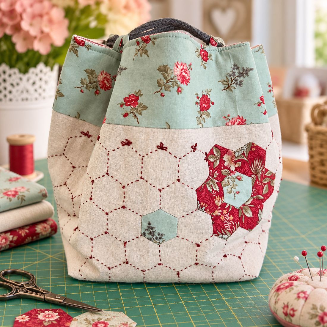 Detalle del panal de hexágonos acolchado a mano de la bolsa de labores Colmena