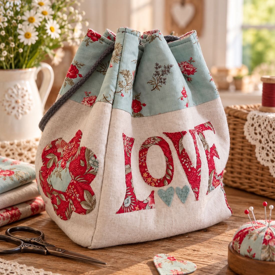 Letras LOVE en aplicación con corazones de fieltro en la bolsa de labores Colmena