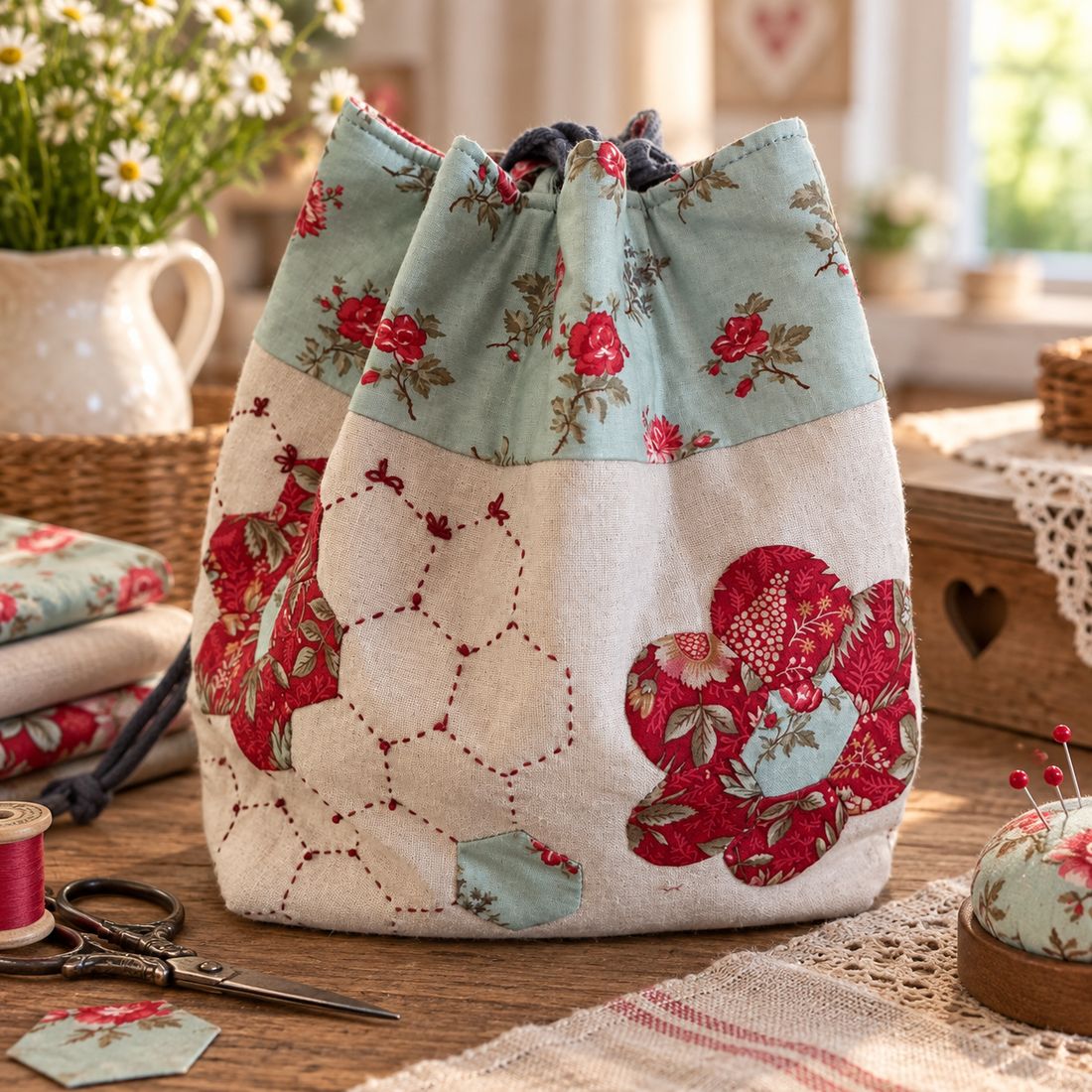 Flor de hexágonos y panal acolchado en la bolsa de labores Colmena